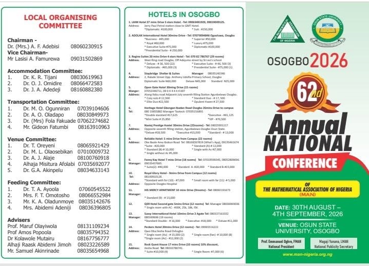 MAN 62nd Annual National Conference 2026: Osun State University Hosts Mathematical Association of Nigeria