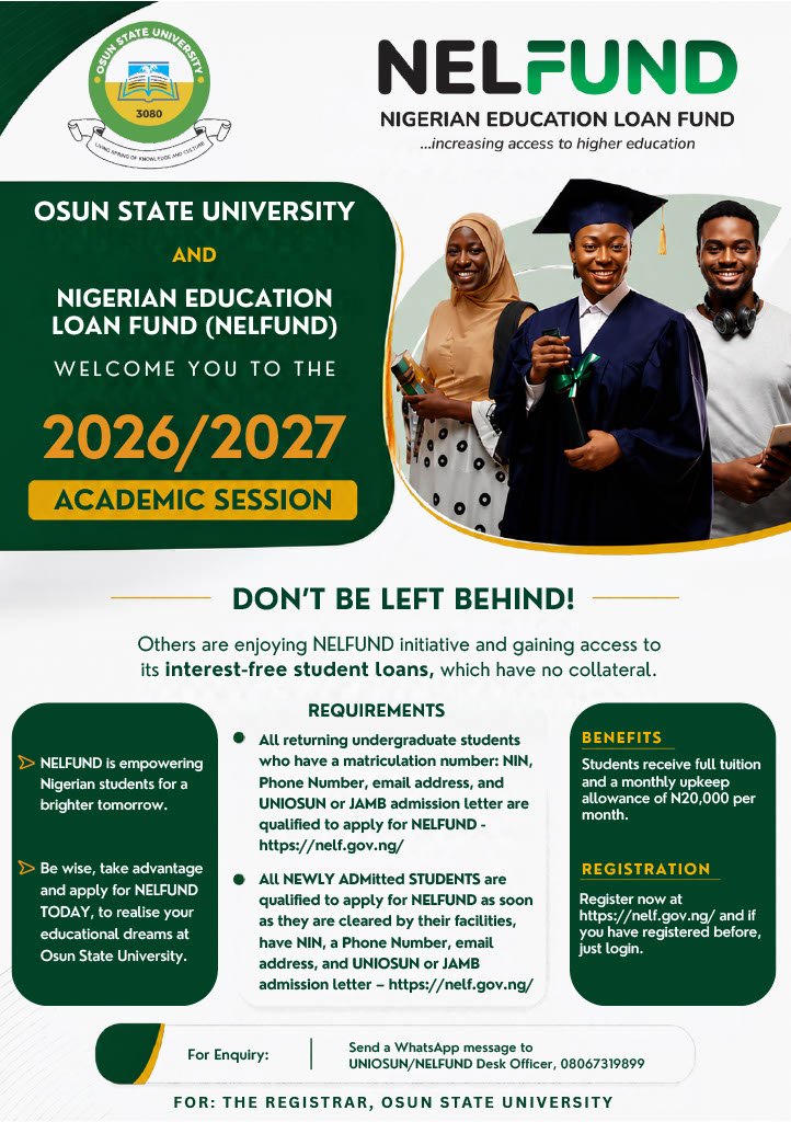 NELFUND 2026/2027 student loan flyer for Osun State University (UNIOSUN)